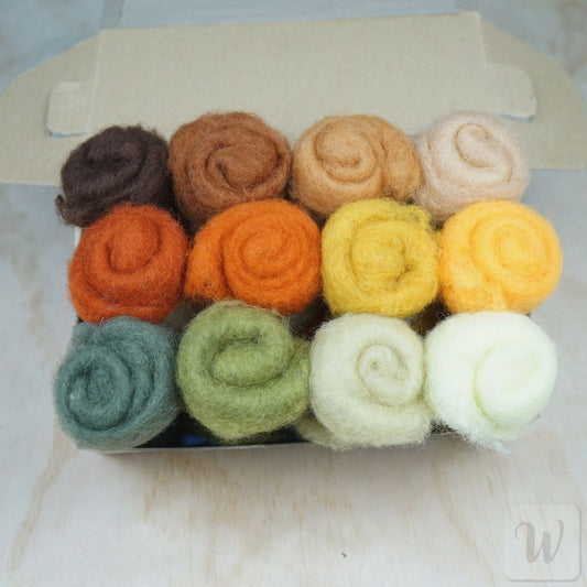 Carded Maori wool set featuring 12 warm forest colours, soft fluffy texture, 27 microns