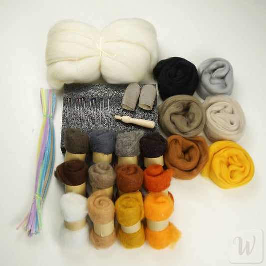 Complete needle felting starter kit with 18 animal colours, 12 needles, tools and accessories for realistic animal sculptures