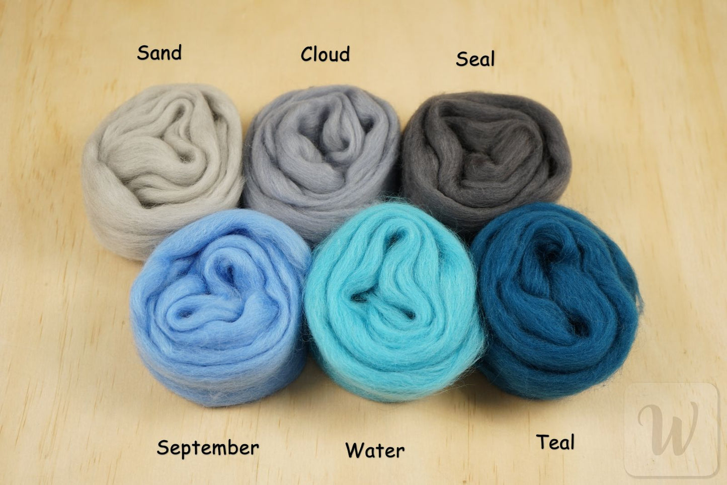 Corriedale wool tops set featuring 6 vibrant earth and sky colours, soft roving arranged to show colour palette