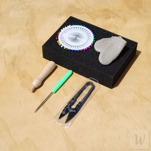 Needle felting basic tool kit with foam mat, wooden holder, leather finger protectors, awl, scissors and safety pins