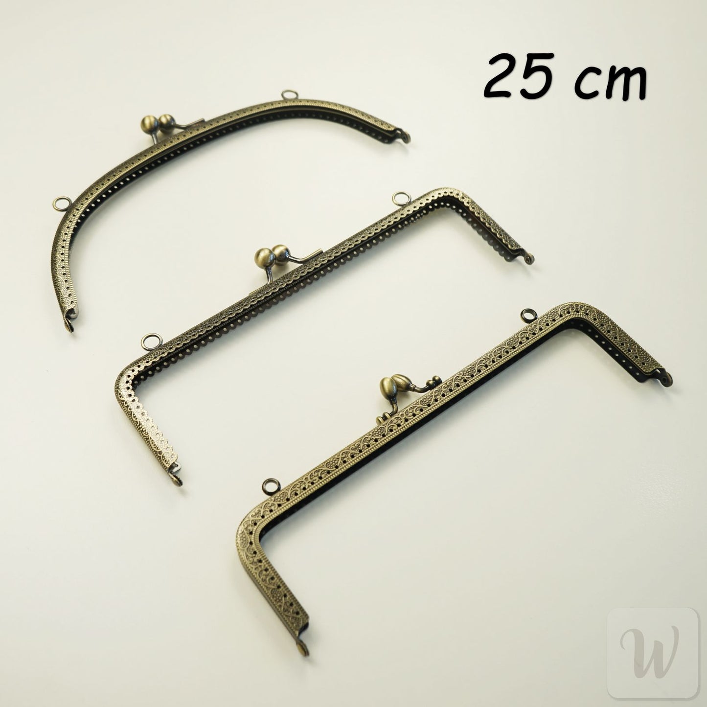 Vintage-style bronze metal purse frame with handle, 25cm wide, Type 1 design with decorative clasp and pre-punched holes for DIY bag making"