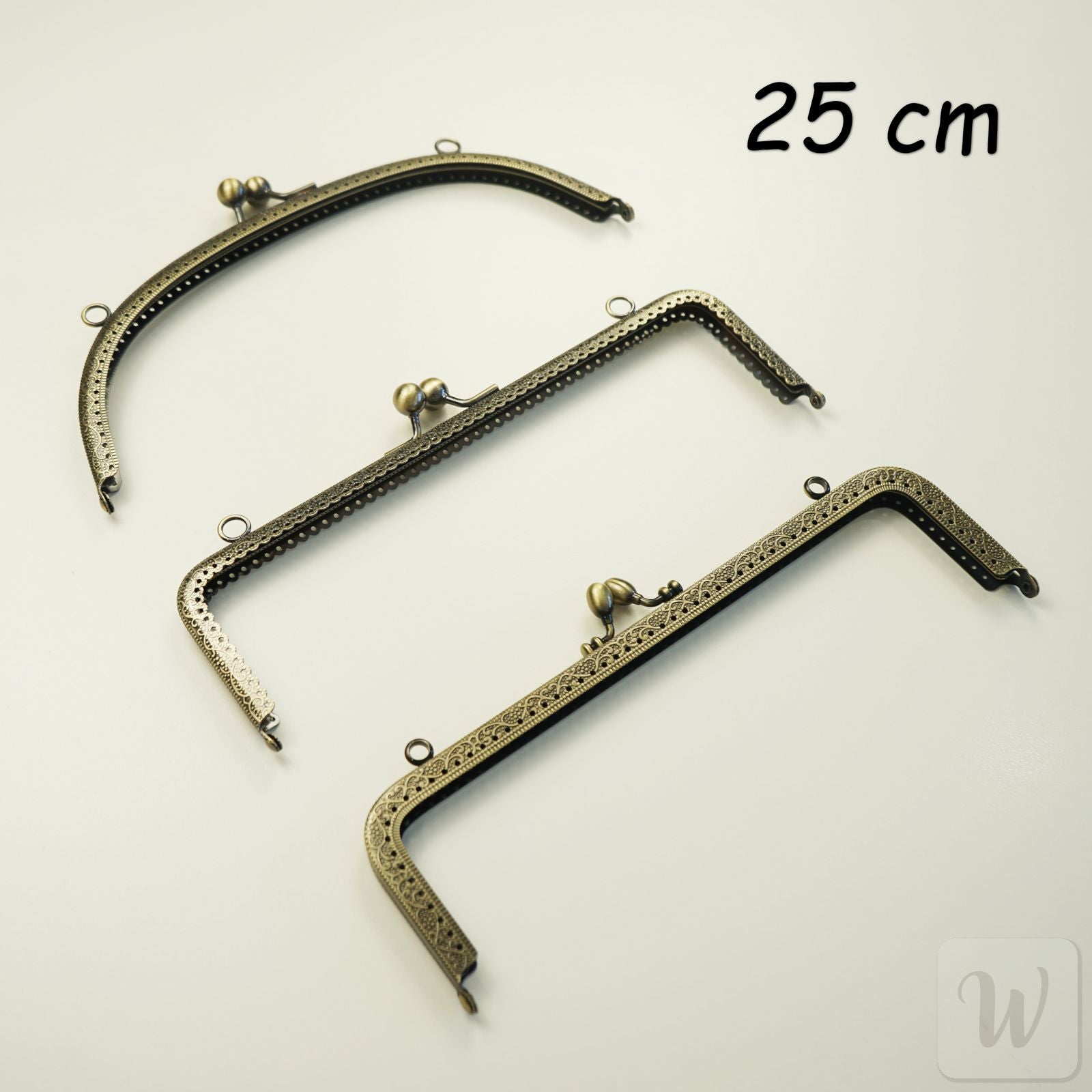 Vintage-style bronze metal purse frame with handle, 25cm wide, Type 1 design with decorative clasp and pre-punched holes for DIY bag making"