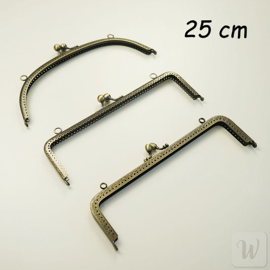 Vintage-style bronze metal purse frame with handle, 25cm wide, Type 1 design with decorative clasp and pre-punched holes for DIY bag making"