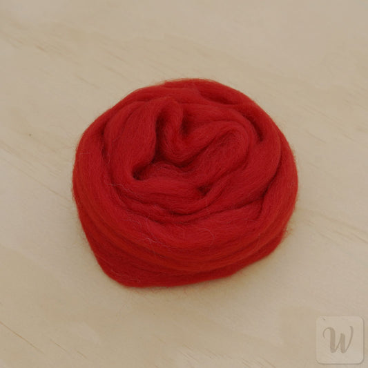 Corriedale wool tops roving in vibrant Passion red colour, soft smooth fibres for spinning and felting