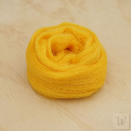 Corriedale wool tops roving in warm Yolk yellow colour, soft smooth fibres for spinning and felting